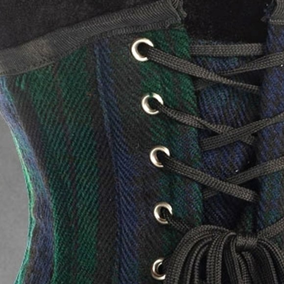 New Black Watch Tartan Waist Cincher Corset Spiral Metal Boning Lined Back Tie - Picture 5 of 7